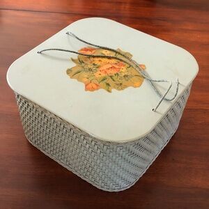 Vintage Wicker Sewing Basket with Wooden Lid